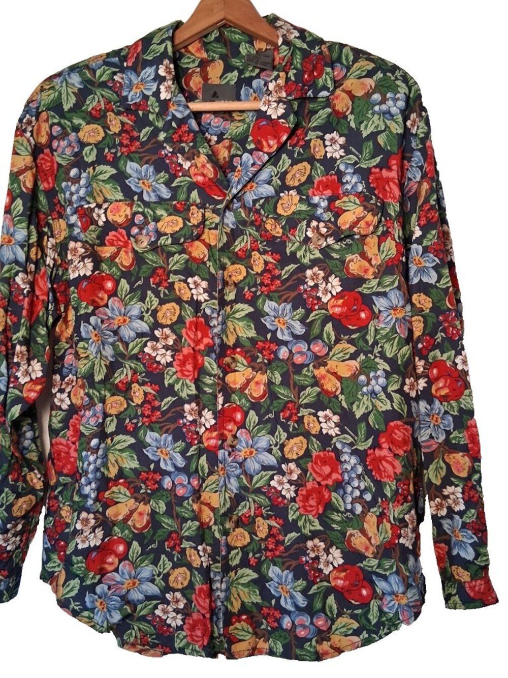 Vintage 1990s Liz Claiborne Blouse Small Blue Flowers Fruit Garden Farm Country